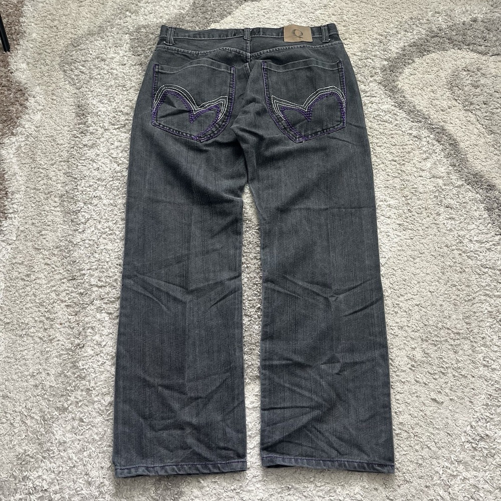 Qruel Jeans Men's 36x32 Gray Embroidered Wide Leg Y2K Baggy Skater
